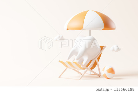 Tooth in the beach chair, 3d rendering. 113566189
