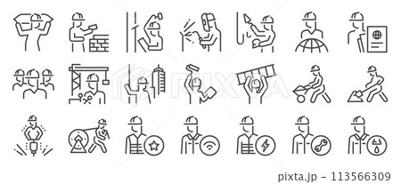 Labor icon set. It includes construction, worker, engineer, construct, building and more icons. Editable Vector Stroke. 113566309