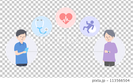 A son checks his mother's health condition on his smartphone while she is wearing a smartwatch 113566504