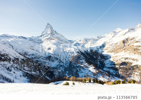 View of the Matterhorn during the day in winter. Zermatt, Switzerland View of the Matterhorn during the day in winter. Zermatt, Switzerland 113566785