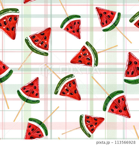 Caramel watermelon slices lying on checkered ornament. Candy food watercolor illustration. Vertical, horizontal crossed stripes background. Plaid repeat seamless pattern of sugar lollipops. 113566928