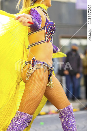 街中の通りでサンバを踊るブラジルの人たちの衣装 街中の通りでサンバを踊るブラジルの人たちの衣装 113567206