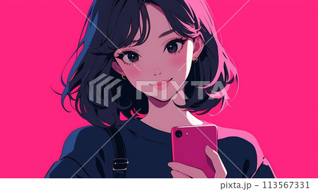 笑顔でスマボを使う女の子　AI 113567331