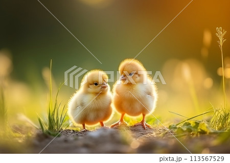 Adorable little yellow chicks roaming freely on green grass outdoors with ample copy space 113567529