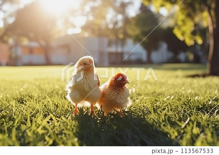 Adorable little chickens on green grass - copy space - outdoor scene with cute baby birds 113567533
