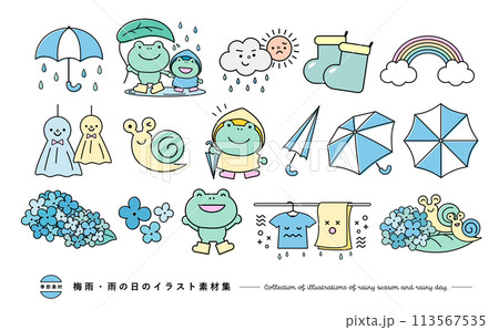 梅雨・6月をイメージしたポップなかえるやあじさい・傘などのアイコンイラストセット 113567535