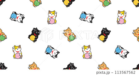 cat seamless pattern manekineko kitten vector lucky cat yarn ball japan calico neko munchkin pet cartoon doodle tile background gift wrapping paper repeat wallpaper illustration isolated design 113567562