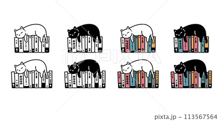 cat vector kitten icon sleeping book calico neko pet cartoon character munchkin illustration symbol clip art isolated design 113567564