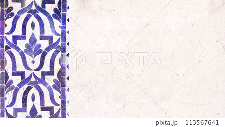 Detail of traditional persian mosaic wall with geometrical and floral ornament, Iran. Horizontal or vertical background with ceramic tile. Mock up template. Copy space for text 113567641