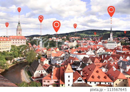 Network connection concept. Aerial view on old city Cesky Krumlov, Czech Republic, Europe with location pin. Global positioning system pin map. Modern travel, sightseeing and tourism concept Network connection concept. Aerial view on old city Cesky Krumlov, Czech Republic, Europe with location pin. Global positioning system pin map. Modern travel, sightseeing and tourism concept 113567645