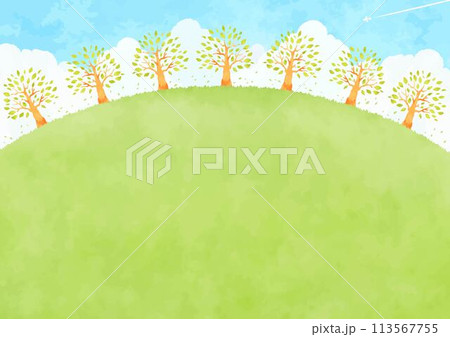 のどかな丘と木と青空の風景イラスト 113567755