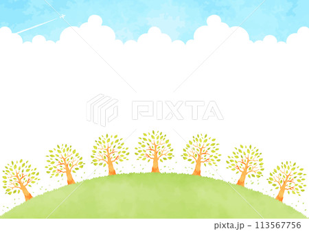 シンプルな山と森と青空の風景イラスト 113567756