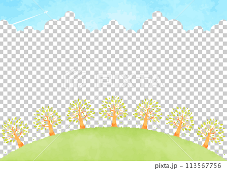 シンプルな山と森と青空の風景イラスト 113567756