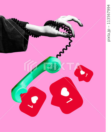 Poster. Contemporary art collage. Hand holding retro headset, phone with floating of it signs of likes against pink background. 113567994