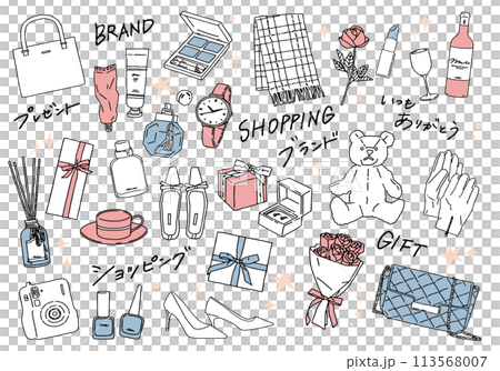 女性禮品/時尚配件、配件、箱包、化妝品、禮品盒的向量插圖 女性禮品/時尚配件、配件、箱包、化妝品、禮品盒的向量插圖 113568007