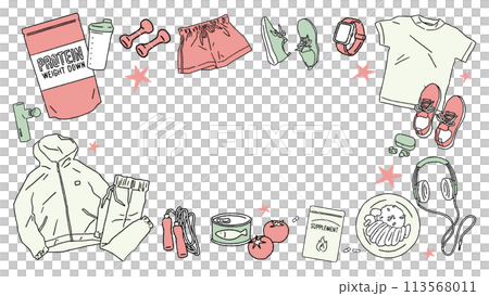 以健身服、運動、肌肉訓練、蛋白質等飲食為主題的手寫風格向量框架插圖。 以健身服、運動、肌肉訓練、蛋白質等飲食為主題的手寫風格向量框架插圖。 113568011