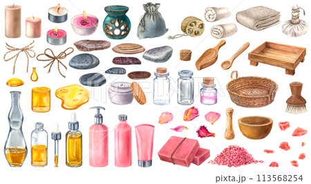 Hand drawn watercolor illustration of candles, basket, glass bottles, thai herbal ball, tray, spoon, scoop, bowl, salt, towels, loofah, aroma lamp, pouch, pebbles, rose petals on isolated background. Hand drawn watercolor illustration of candles, basket, glass bottles, thai herbal ball, tray, spoon, scoop, bowl, salt, towels, loofah, aroma lamp, pouch, pebbles, rose petals on isolated background. 113568254