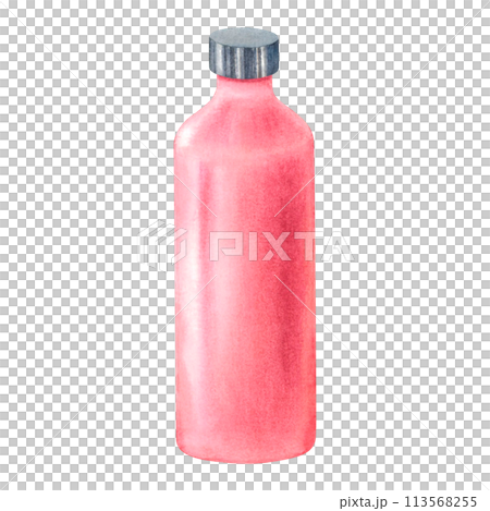 Empty plastic cosmetic bottle in pastel pink color for body care, spa, skin care concept. Hand drawn watercolor illustration isolated on white background. Container for gel, lotion, shampoo, bath foam 113568255