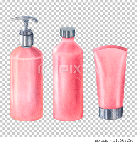 Plastic cosmetic bottle with dispenser airless pump, cream tube, bottle for shampoo. Pink containers for liquid gel, bath foam. Hand drawn watercolor illustration isolated on background. For design. Plastic cosmetic bottle with dispenser airless pump, cream tube, bottle for shampoo. Pink containers for liquid gel, bath foam. Hand drawn watercolor illustration isolated on background. For design. 113568256