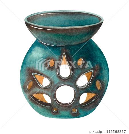 Ceramic aroma lamp in green and brown colors. Hand drawn watercolor illustration of incense burner isolated on white background. Design element for spa, aromatherapy, relaxation, meditation, massage. 113568257