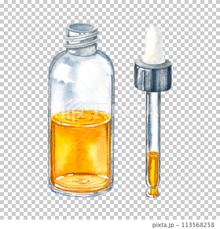 Transparent glass dropper bottle with golden liquid inside. Metal pipette. Hand drawn watercolor illustration of serum dispenser isolated on background. Element for design, advertising of cosmetic. 113568258