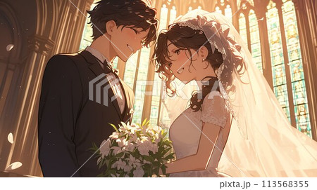 アニメ風の新郎新婦　AI生成 113568355