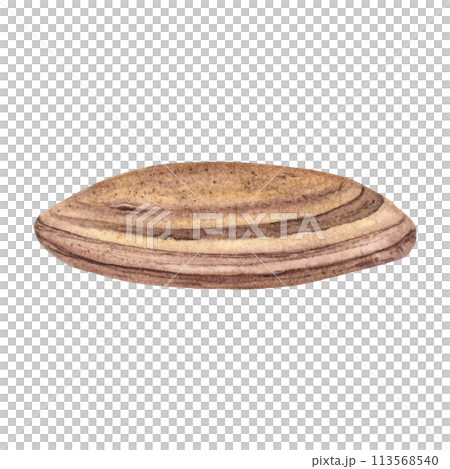 River stone. Hand drawn watercolor illustration with pebble on isolated background. Drawing of striped smooth oceanic rocks. Sketch of minerals in brown color. SPA concept for card, label, souvenirs. 113568540