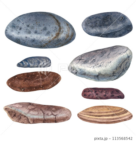 A set of marine grey, brown different shapes pebbles. Hand drawn watercolor illustration with minerals on isolated background. Elements for design and decoration, postcards, posters. Spa concept. A set of marine grey, brown different shapes pebbles. Hand drawn watercolor illustration with minerals on isolated background. Elements for design and decoration, postcards, posters. Spa concept. 113568542