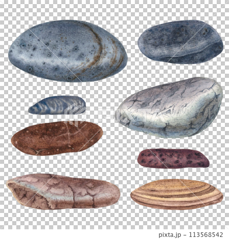 A set of marine grey, brown different shapes pebbles. Hand drawn watercolor illustration with minerals on isolated background. Elements for design and decoration, postcards, posters. Spa concept. A set of marine grey, brown different shapes pebbles. Hand drawn watercolor illustration with minerals on isolated background. Elements for design and decoration, postcards, posters. Spa concept. 113568542