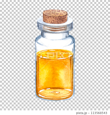 A miniature bottle made of clear glass with a wooden stopper containing gold colored liquid. Hand drawn watercolor illustration of a vial isolated on the background. For cosmetic packaging design. A miniature bottle made of clear glass with a wooden stopper containing gold colored liquid. Hand drawn watercolor illustration of a vial isolated on the background. For cosmetic packaging design. 113568543
