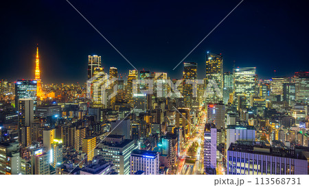 美しい東京の夜景 東京タワーと虎ノ門、麻布台、六本木 美しい東京の夜景 東京タワーと虎ノ門、麻布台、六本木 113568731