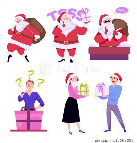 Secret Santa Claus with gifts bag delivers present, satisfied people with gifts box in hands, Merry christmas vector set 113568889