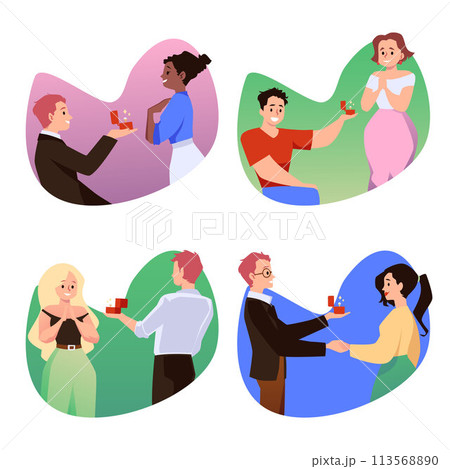 Couples decide to get married, banners set flat vector illustration isolated. 113568890