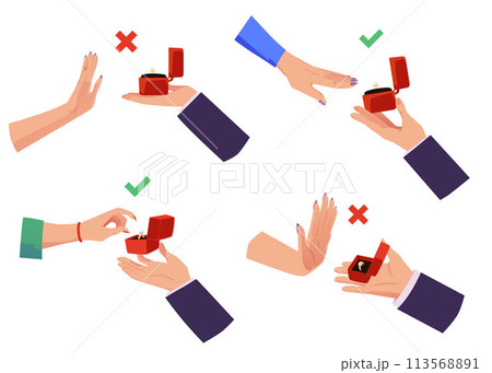 Set of people hands and gestures about marriage proposal flat style Set of people hands and gestures about marriage proposal flat style 113568891
