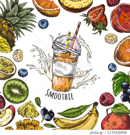 Tropical fruits and berries with Smoothie jar sketch frame design, juicy natural vitamin food hand drawn vector label 113568899