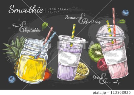 A set of fresh smoothies in the style of a sketch on a black background A set of fresh smoothies in the style of a sketch on a black background 113568920