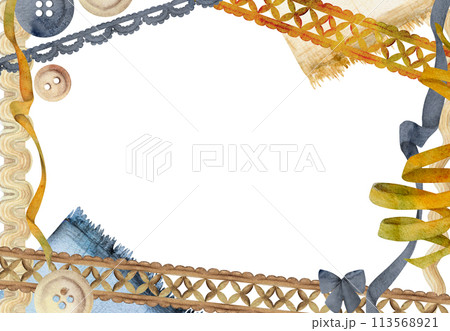 Hand drawn watercolor illustration sewing craft supplies. Fabric cloth, wooden buttons ribbon lace braid, indigo beige ochre. Frame isolated on white background. Design atelier, tailor, hobby shop Hand drawn watercolor illustration sewing craft supplies. Fabric cloth, wooden buttons ribbon lace braid, indigo beige ochre. Frame isolated on white background. Design atelier, tailor, hobby shop 113568921