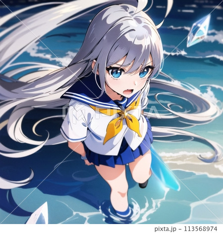 海で遊ぶ美少女女子高生 113568974
