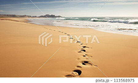 Footprints in the sand trace the shoreline.AI Generated 113568975