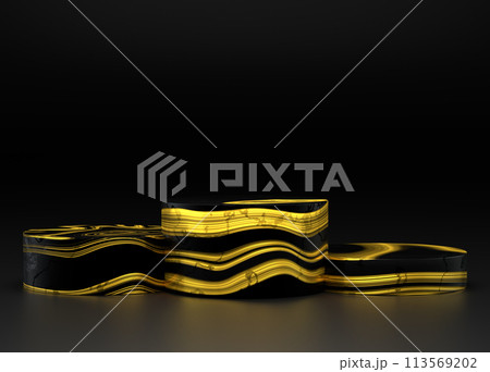 Marble and Gold Pedestal. Stage for presentation product platform stand or abstract pedestal cosmetic display and modern premium round showcase on elegant mockup backdrop 113569202