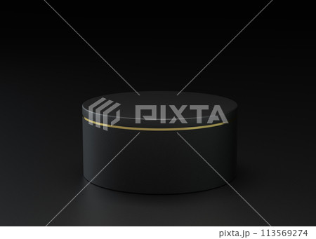 Full black podium pedestal with dark stuff for presentation. Elegant platform for promotional marketing discount and online shopping concept 113569274