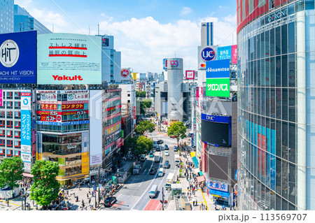【東京都】たくさんのビルが並ぶ渋谷の街並み 113569707