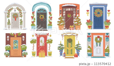 Christmas door vector set, entrance decorated for Christmas and New Year holiday, fir trees, garland, wreath red bows Christmas door vector set, entrance decorated for Christmas and New Year holiday, fir trees, garland, wreath red bows 113570412