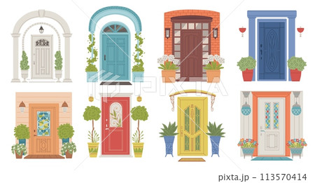 House doorways decorated with flowers, flat vector illustrations isolated. House doorways decorated with flowers, flat vector illustrations isolated. 113570414
