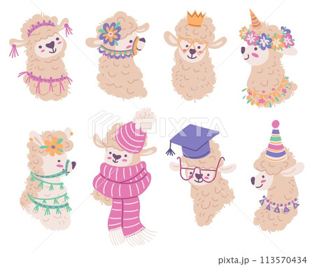 Cute alpaca faces, set of cartoon vector illustration on white background 113570434