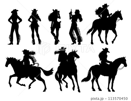 Silhouettes of western style cowgirls, set of vector illustrations on white 113570450