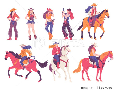 Set of fashionable cowgirls flat style, vector illustration 113570451