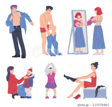 Dressing men and women put on and change clothes set vector illustrations 113570461