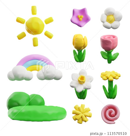 3D plasticine spring flowers, sun rainbow and lawn, vector blossom floral design elements from dough, sculpting creation 113570510