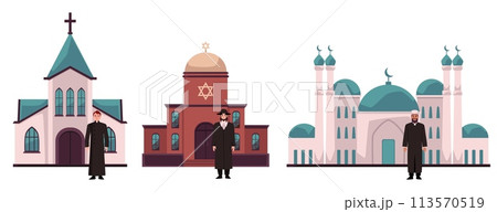 Priests and churches, cartoon style vector illustration isolated on white 113570519